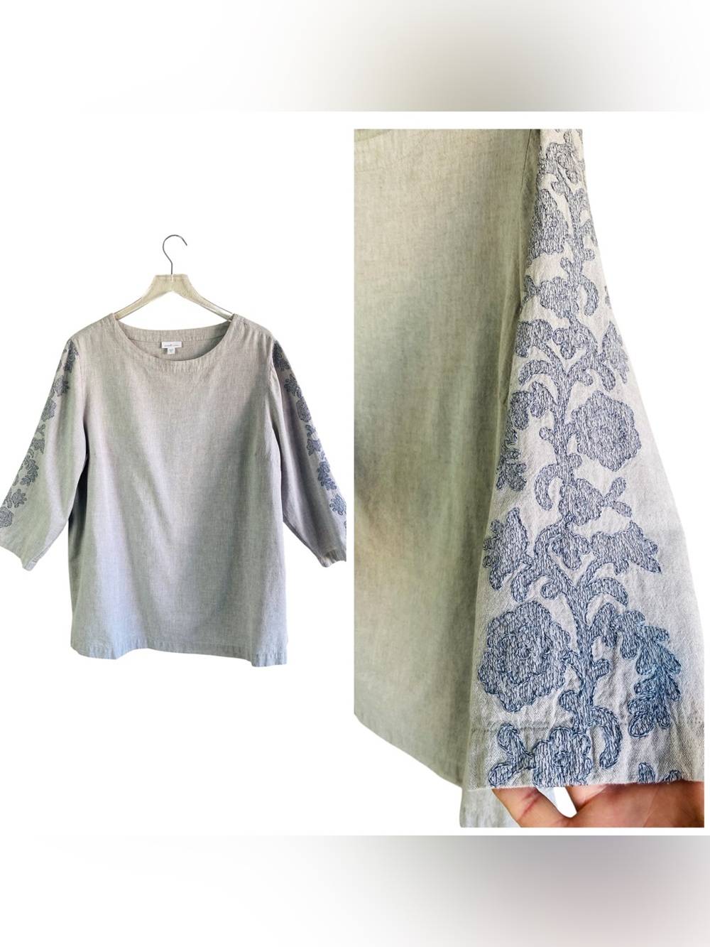 J. Jill Elements Grey Embroidered Linen Blend Blouse Size XL